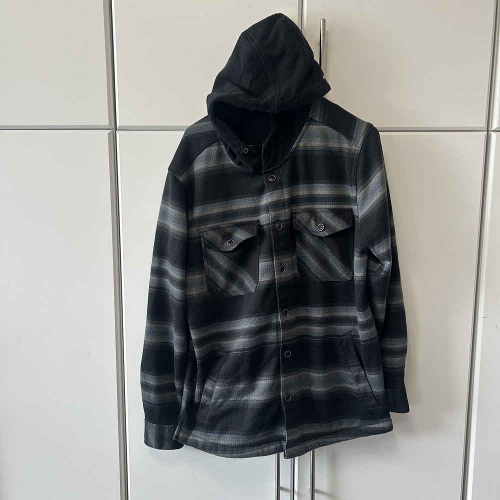 Quiksilver Mens Hooded Flannel Shirt Jacket Black Grey Striped Fleece Small